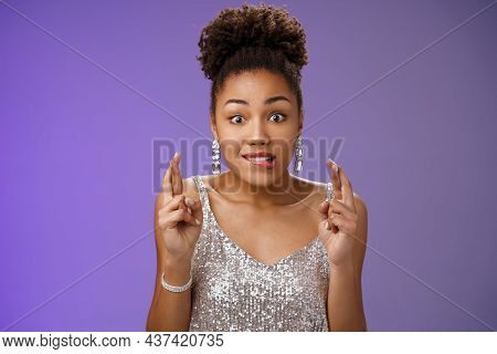 Excited African-american Girl Excited Eager Win Cross Fingers Good Luck Biting Lip Desire Anticipati