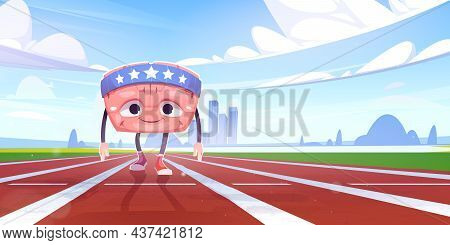 Cartoon Brain Sportsman Character Training On Stadium Prepare For Race Marrow Racing Competition. Mi