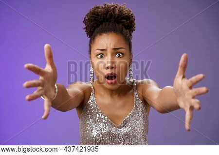 Close-up Excited African Woman In Stylish Fashionable Silver Glittering Dress Extend Arms Fowards Fr