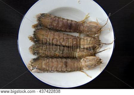 Steamed Crayfish Or Mantis Shrimps Or Stomatopods   On White Plate