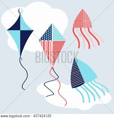 Vector Illustration Set Of A Kites. Kites  Flat Icon. Blue And Pink Kite In The Sky. Festival Of Mak