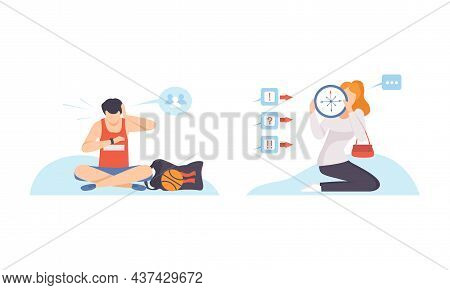 Man And Woman With Clock Dial Failing Handling Deadline And Timeline Vector Set