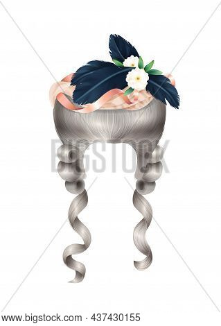 Realistic Rococo Women Wig Vintage Composition With Isolated Image Of Fleecy Hair With Flowers And F