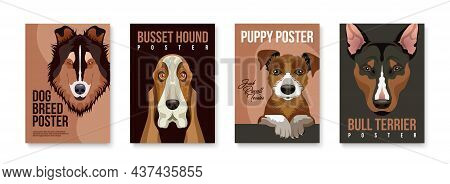 Dogs And Puppies Breeds Vertical Posters Set With Flat Portraits Of Rough Collie Busset Hound Jack R
