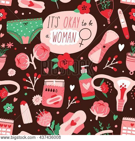 Seamless Menstruation Pattern With Menstrual Period Blood, Uterus, Cups And Sanitary Pads For Woman 
