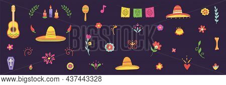 Dia De Los Muertos Unique Hand Drawn Design Elements. Mexico Culture Holiday Poster. Day Of The Dead