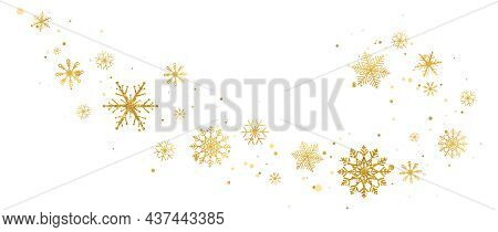 Gold Snowflakes Wave On White Background. Luxury Christmas Garland Border. Falling Golden Snowflakes