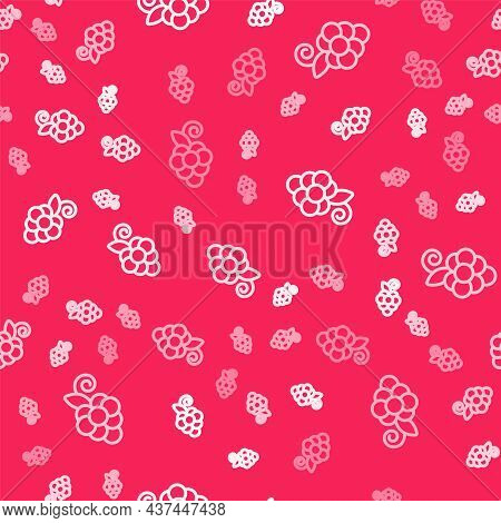 White Line Grape Fruit Icon Isolated Seamless Pattern On Red Background. Vector