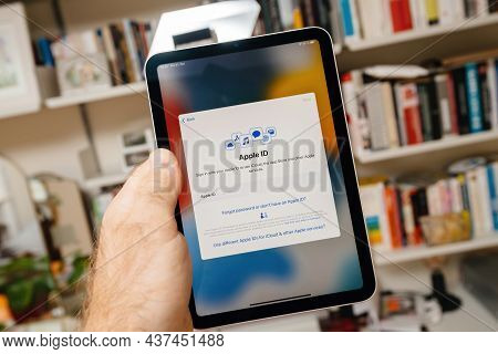 Paris, France - Oct 20, 2021: Insert Your Apple Id To Use Icloud And Other Services On New Sixth-gen