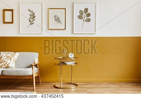 Unique Living Room In Modern Style Interior With Design Sofa, Elegant Gold Coffee Table, Mock Up Pos