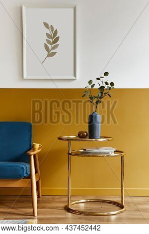 Unique Living Room In Modern Style Interior With Design Sofa, Elegant Gold Coffee Table, Mock Up Pos