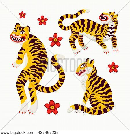 Tiger Vector Set, Tigers In Various Poses And Japanese Cherry Blossom In Cartoon Asian Style. Organi