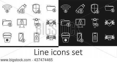 Set Line Computer Api Interface, Cyber Security, Shield With Lock, Lock On Monitor, Folder And, Wifi