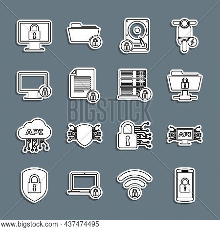 Set Line Smartphone With Lock, Computer Api Interface, Ftp Folder And, Hard Disk Drive, Document, Lo