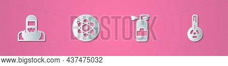 Set Paper Cut Nuclear Reactor Worker, Atom, Fire Extinguisher And Meteorology Thermometer Icon. Pape