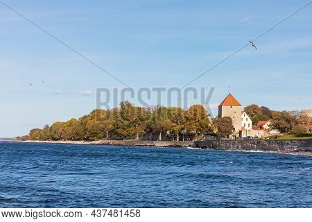 Visby, Gotland, Sweden - Oct 1, 2021: Seaside View Of The Old Ancient City Visby. Recreation Park Ar