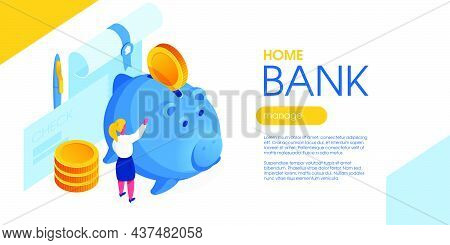 Character Puts A Coin Into Pig Shape Money Box. Financial Report With Stamp, Check, And Pen On The B