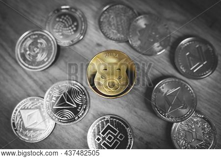 Shiba Inu Or Shib Coin Centrally Placed Among Bunch Of Crypto Coins. Close-up, Soft Focus. Banner Wi