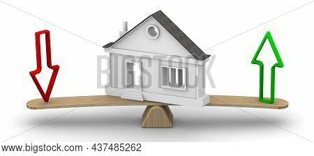 Changes In The Value Of Real Estate. Symbolic House With Upward And Downward Arrows On The Scales. T