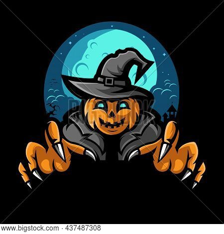 Scary Halloween Pumpkin  Illustration Design Vector With Moon Background