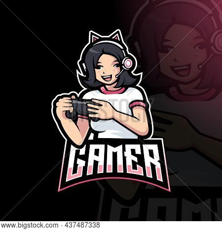 Cute Gamer Girl Cartoon Playing Game Mascot Logo