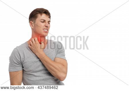 Sad Young Caucasian Guy Scratching Neck, Suffer From Allergy, Isolated On White Background