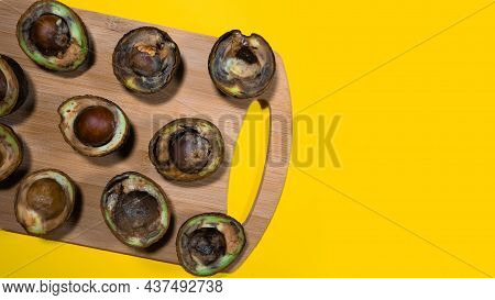 Rotten Avocado Halves On Yellow Background. Food Fruits Cannot Be Eaten. Overripe Avocado Fruit Cuts