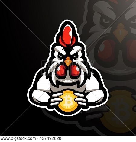 Chicken Rooster Holding Bitcoin Mascot Logo Design Illustration Vector