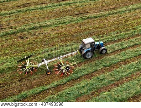 Tractor Raking Grass For Silage Harvesting. Agriculture Machinery Working At Field. Grass Silage For