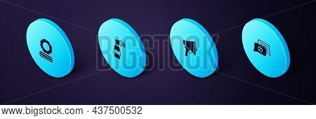 Set Isometric Speech Bubble Chat, Megaphone, Air Horn And Lying Burning Tires Icon. Vector