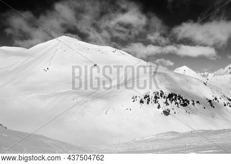 Snowy Freeride Trace And High Mountains With Clouds At Sun Cold Day. Caucasus Mountains In Winter, G