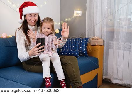 Family Christmas Celebration At Home During Covid Pandemic, On-line Greetings, Call Friends And Rela