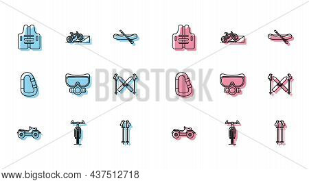 Set Line All Terrain Vehicle Or Atv Motorcycle, Bicycle, Life Jacket, Ski Poles, Diving Mask, And St