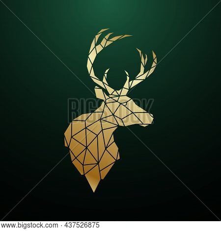 Golden Deer Head In Geometric Style. Reindeer Polygonal Portrait On Dark Green Background. Side View