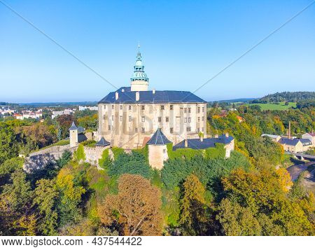 Chateau And Castle Frydlant On Sunny Autumn Day. Frydlant V Cechach, Czech Republic. Aerial View Fro