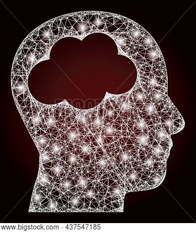 Flare Crossing Mesh Head Brain With Glowing Spots On A Dark Red Gradient Background. Vector Frame Ge