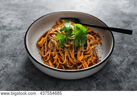 Vegan Red Pesto Fettuccini With Parsley Topping, Healthy Plant-based Food