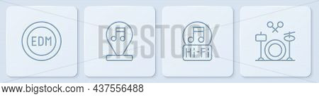 Set Line Edm Electronic Dance Music, Music Note, Tone, And Drums. White Square Button. Vector