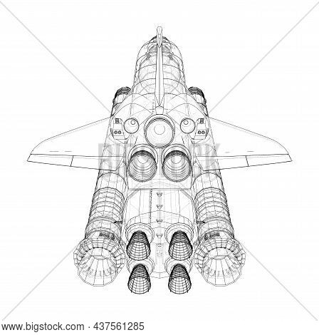 Rocket Carrying Space Shuttle. Vector Rendering Of 3d. Wire-frame Style. Elements Of This Image Furn