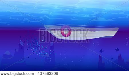 Underwater Sea Landscape With School Of Fish And Boat. Vector Cartoon Illustration Of Bottom View To