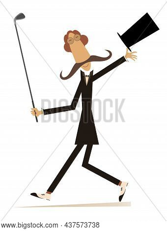 Long Mustache Man In The Top Hat Goes To Play Golf Illustration. 
Walking Cartoon Long Mustache Gent