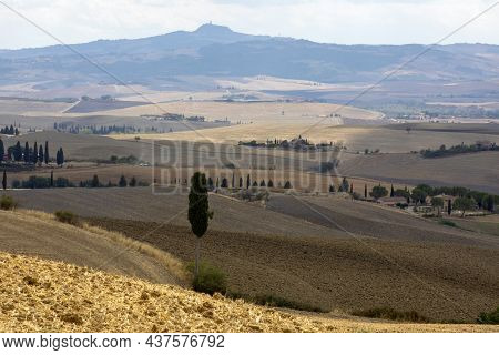 Val D' Orcia (si), Italy - August 05, 2021: Val D' Orcia Landscape, Tuscany, Italy