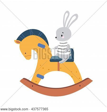 Wooden Rocking Horse And Stuffed Hare As Colorful Kids Toy Vector Illustration