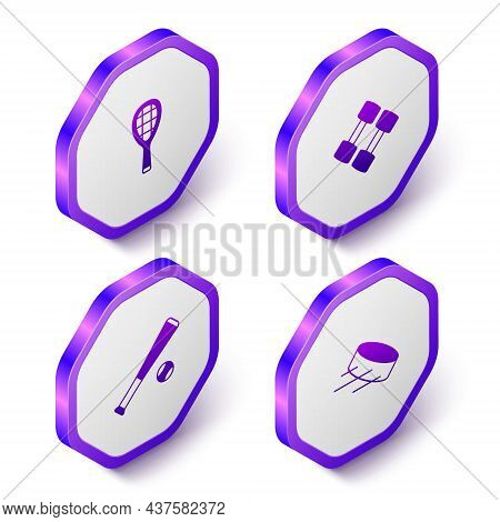 Set Isometric Tennis Racket, Dumbbell, Baseball Bat With Ball And Hockey Puck Icon. Purple Hexagon B