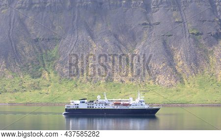 Dynjandi, Iceland On August 6, 2021: National Geographic Explorer Floating In The Fjord Near Dynjand