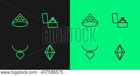 Set Line Gem Stone, Necklace With Heart Shaped, King Crown And Diamond Engagement Ring Box Icon. Vec