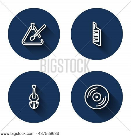Set Line Triangle Musical Instrument, Keytar, Violin And Vinyl Disk With Long Shadow. Blue Circle Bu