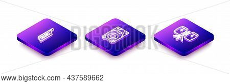 Set Isometric Line Keytar, Stereo Speaker And Conga Drums Icon. Vector