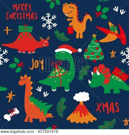 Cute Christmas Dinosaurs - Adorable T Rex And Tricerotops Characters. Hand Drawn Doodle Set For Kids