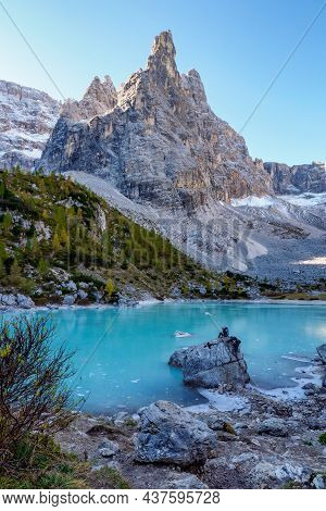 The Frozen Sorapiss Lake And Majestic Dolomites Alp Mountains, Province Of Belluno, Italy